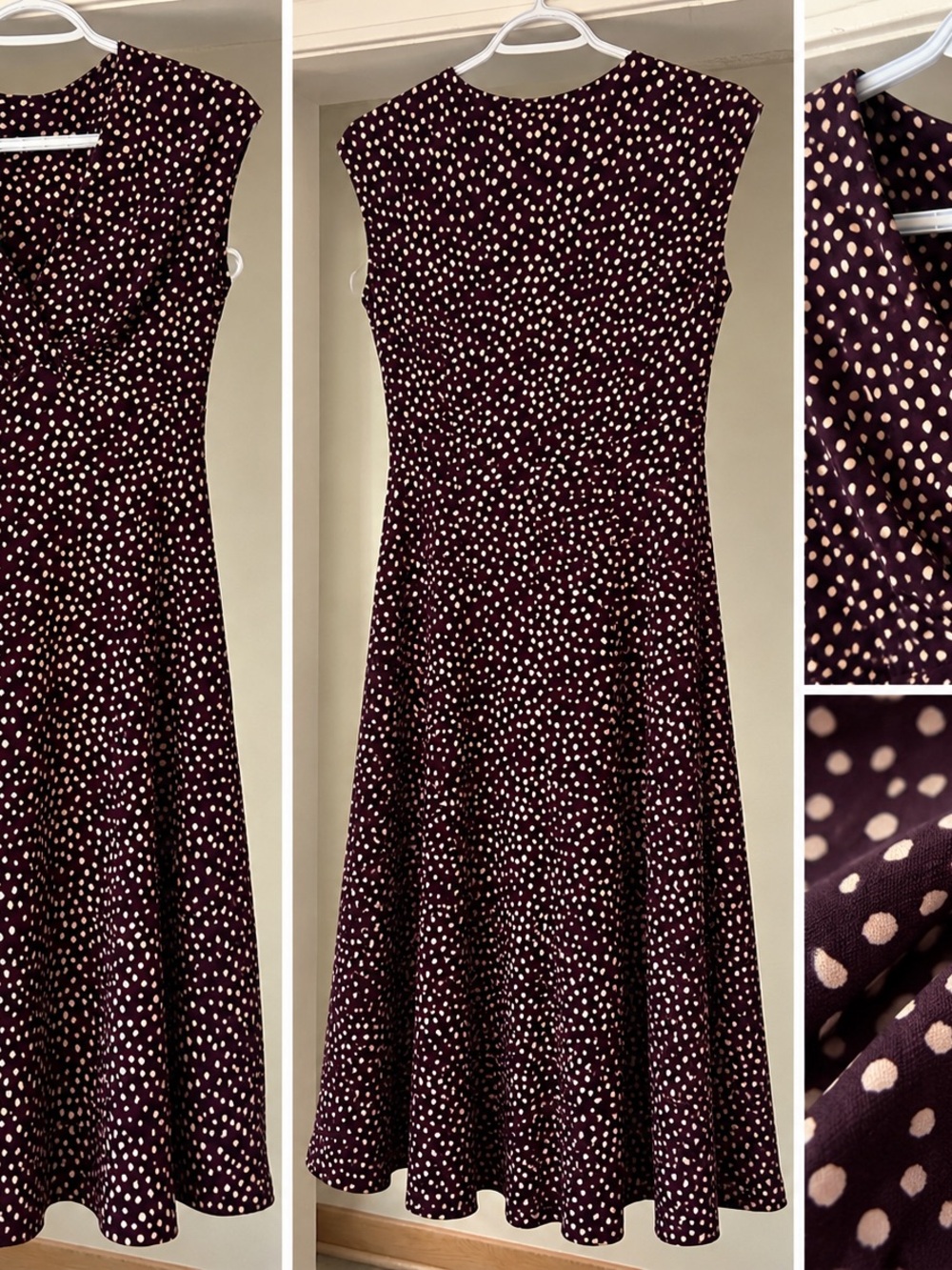 Vintage Inspired Polka Dot Fit-and-Flare Dress in Deep Plum and Cream